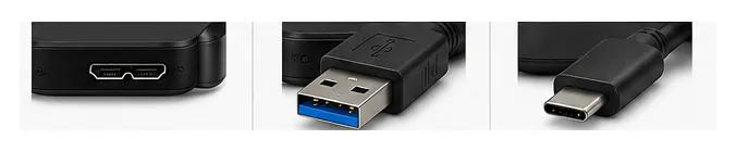 Connettori comuni degli hard disk esterni: micro-USB 3.0, USB-A e USB-C