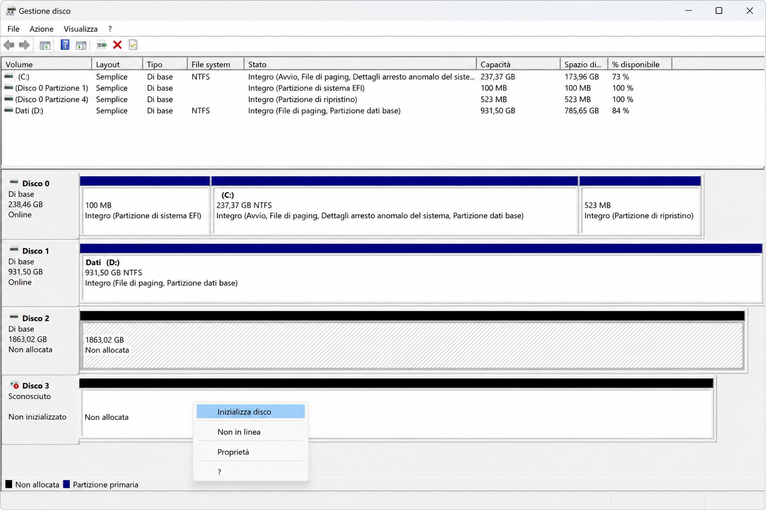 Gestione Dispositivi di Windows con l'hard disk elencato sotto Unità disco