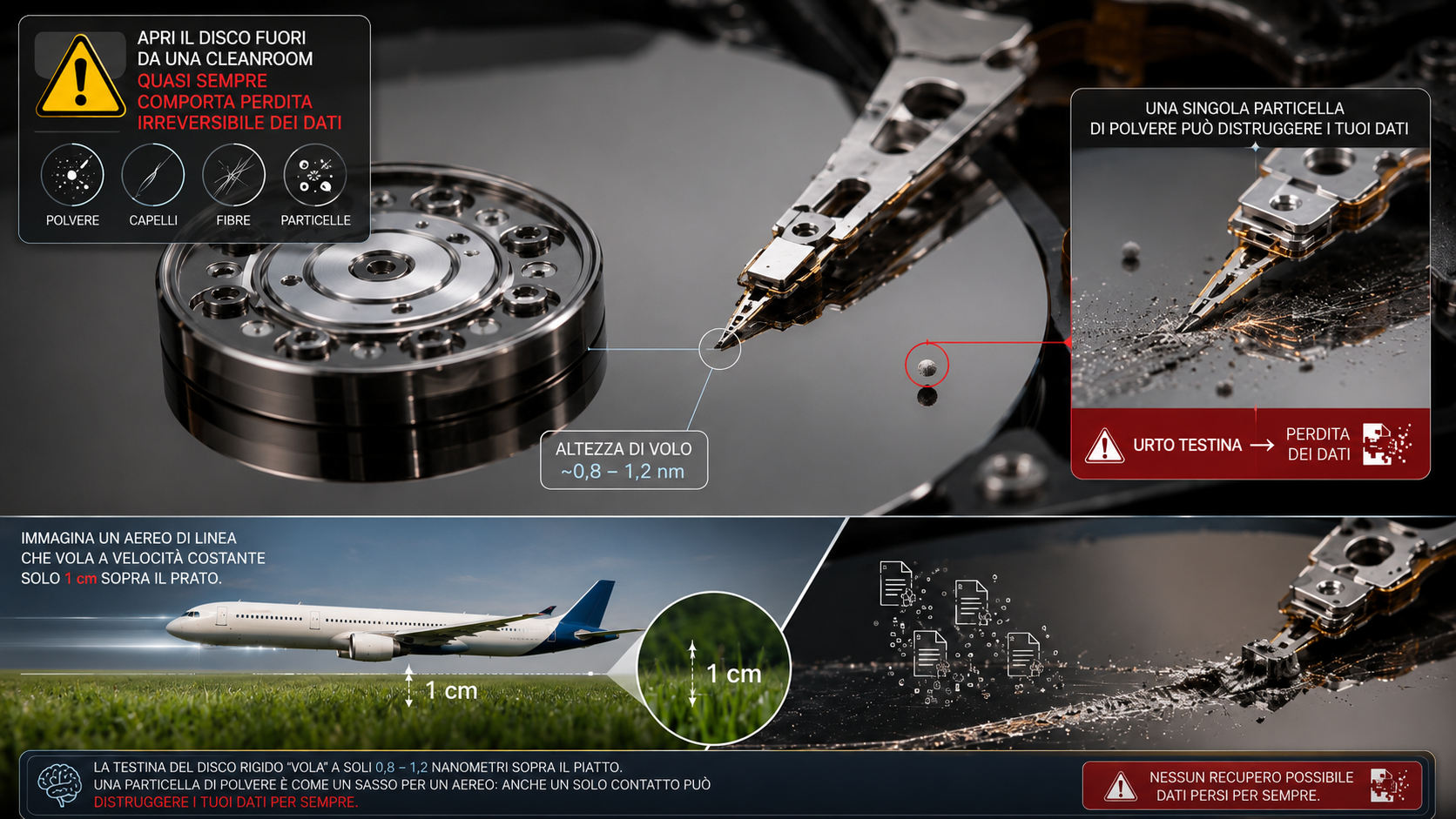 Altezza di volo delle testine di un hard disk: pochi nanometri dal piatto, come un aereo a 1 cm dal prato; una particella di polvere basta a distruggere i dati